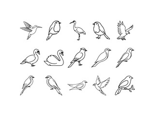 Featherline Birds Outline Vector Icons: Minimal Stroke Bird Illustrations, Sketch Doodles, and Contour Silhouettes for Logos, Stickers, Coloring Pages, Printables, Craft Projects, and Modern Design