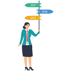Businesswoman forecasts growth to 2027, pointing to future success and strategic planning in a bright, modern business concept for marketing or presentations