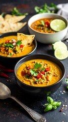 Two bowls of vibrant, golden-orange lentil soup, garnished with fresh herbs and chili peppers, sit alongside tortilla chips and limes on a dark background