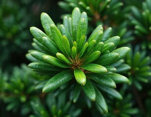 Closeup of glossy green pine tree leaves. Smooth thick foliage grows in a garden. Fresh plant has natural texture. New growth appears vibrant.