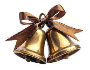 Two golden bells tied with a brown ribbon