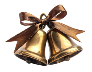Two golden bells tied with a brown ribbon