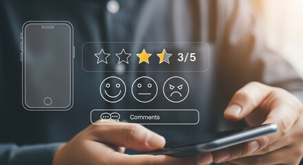User interacting with smartphone displaying rating system, featuring star ratings and emoticons, illustrating feedback process in digital communication and user experience