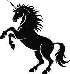 Majestic unicorn rearing up a striking black silhouette on transparent background