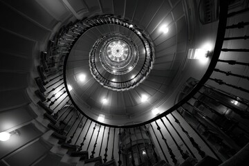 Spiral staircase with vibrant lights in historical building at nighttime