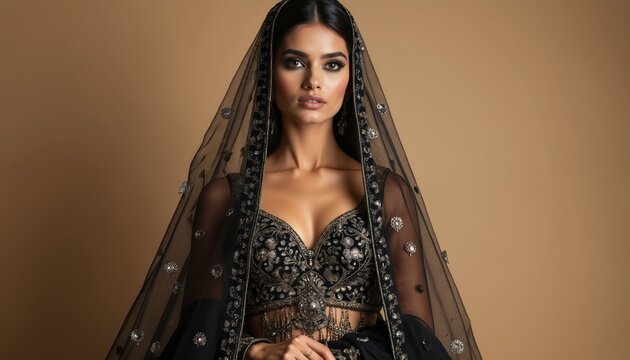 Woman poses in black ethnic lehenga choli with dupatta. Indian fashion model wears designer dress with gold embroidery in studio. Luxury gown apparel for bride or celebration.