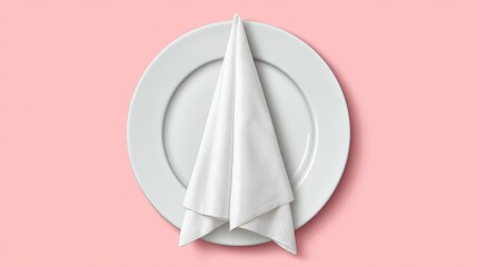 Elegant white napkin arranged beautifully on a pristine plate over a pink background.