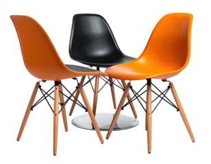 Three modern chairs in orange and black