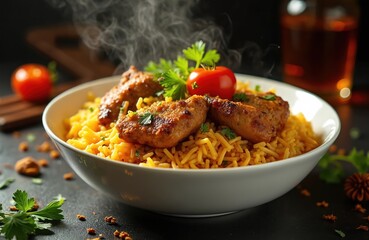Steaming mutton biryani in white bowl close up. Rice pilaf topped with meat cutlets garnished with herbs and tomatoes. Tasty oriental meal. Restaurant marketing banner background or food blog.