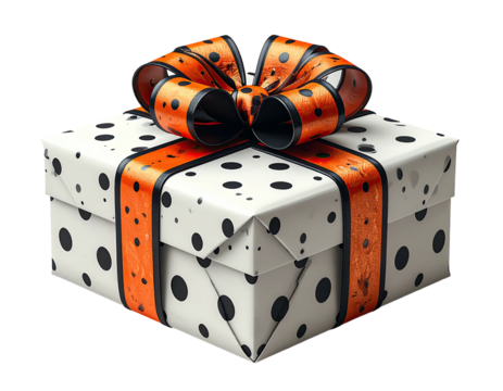 Gift box with a polka dot pattern and orange ribbon