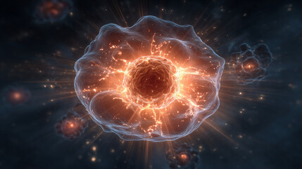 An infected cell sending out a glowing interferon alarm signal to warn neighboring cells of a viral threat.