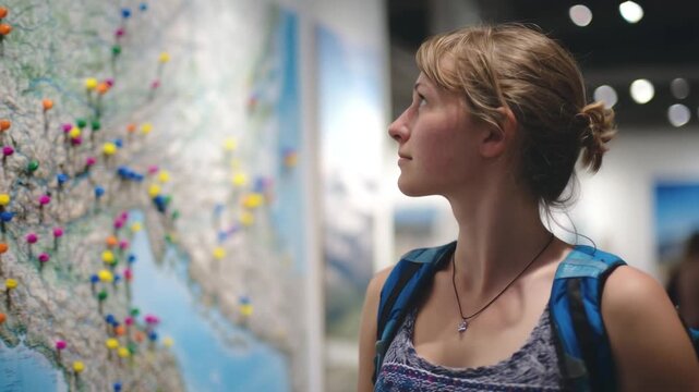 Woman with backpack studies wall map with colorful pins, symbolizing global study and work opportunities.