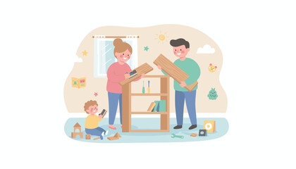 Family joyfully assembling furniture home DIY project and modern lifestyle with child