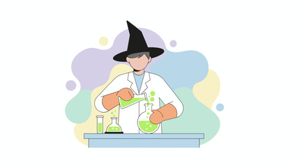 Whimsical scientist in witch hat conducting experiments with green liquids in laboratory glassware