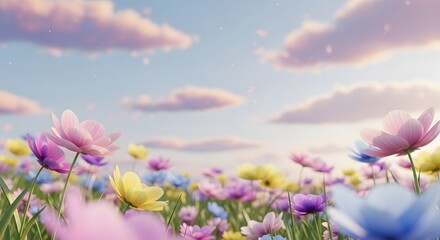 Obraz premium A Vibrant Meadow Filled with Colorful Wildflowers Under a Dreamy Sky