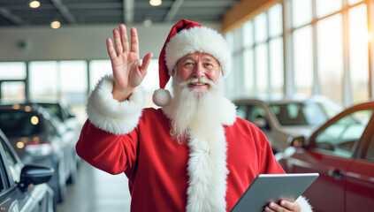 Santa Claus waves at a car dealership selling new cars