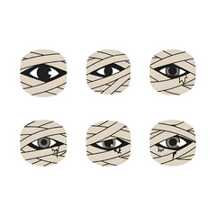 Set of mummy eyes with bandages, isolated on transparent background