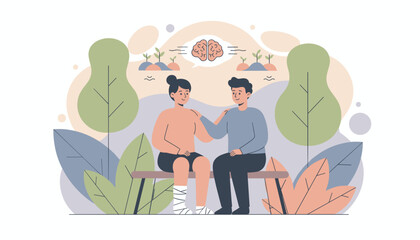 Man comforts woman with injured leg on bench symbolizing mental health support and recovery