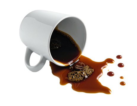 Spilled coffee from a white mug