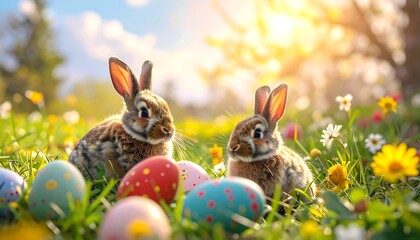Two bunnies surrounded by colorful Easter eggs in a spring meadow