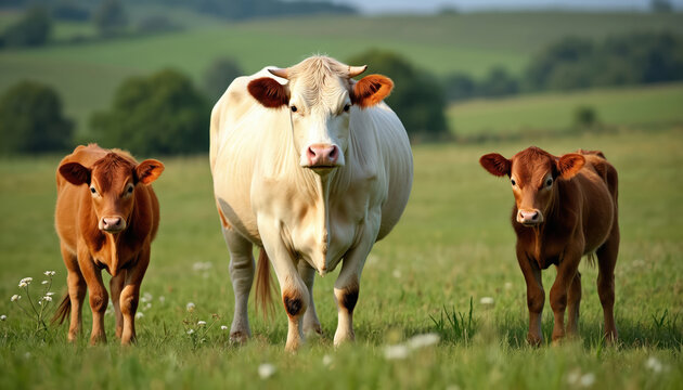 Three cows stand in a green grassy field under a bright sky. A large white cow is in the center with two smaller brown calves on either side. The background shows rolling hills and trees.
