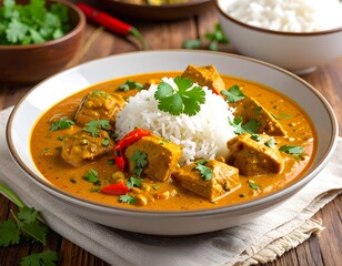 Traditional Indian, multiple bowls with curries, naan bread, rice, top-down view, vibrant colors for restaurant image.