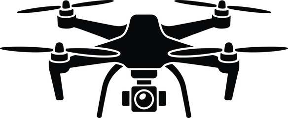 Simple black drone illustration with folded propellers on transparent background silhouette
