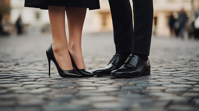 Footwear of formal attire: woman's high heels meet man's dress shoes on cobblestone street. Elegant fashion for a special occasion. - Powered by Adobe