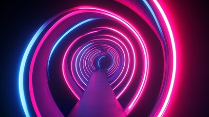 Vibrant spiral tunnel illuminated with neon lights, create a mesmerizing visual journey. The tunnel's curves, neon lights with gradient and depth evoke feelings of wonder and curiosity