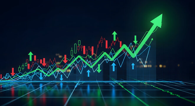 stock market graph going up on black background