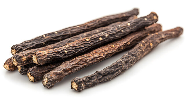 Long pepper sticks in a gentle curve, with their deep brown color and fine texture standing out against a white, featureless background.
