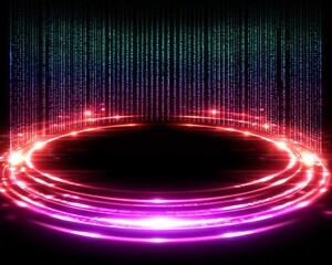 Vibrant Neon Ring Stage With Digital Rain Matrix Effect And Glowing Light