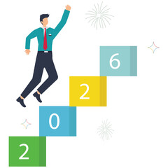 Dynamic businessman climbing 2026 steps to success, celebrating achievement, reaching goals in a modern and bright office setting, perfect for a team win