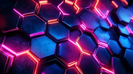 Abstract Hexagonal Pattern with Neon Glow. A close-up view of a hexagonal pattern illuminated with neon lights
