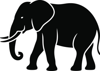 Black elephant graphic design with a curved trunk on transparent background silhouette