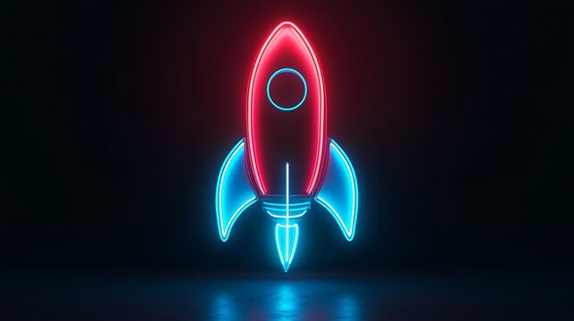 A vibrant neon rocket soaring against a dark backdrop. The rocket's glowing design creates a futuristic and dynamic visual