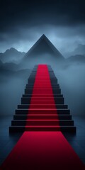 Dark Pyramid With Red Carpet Staircase Emerging From Misty Mountains Dramatic Atmosphere Dramatic Lighting