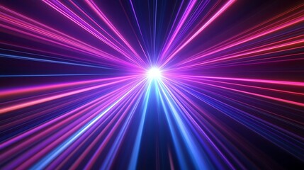 Abstract vibrant neon light trails with a central point of origin. Radiant lines of pink, purple, and blue converge, creating a sense of speed and energy