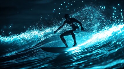 A silhouette of a surfer riding a glowing wave at night, showcasing the beauty of the ocean. The surfer balances on the board amidst the illuminated water