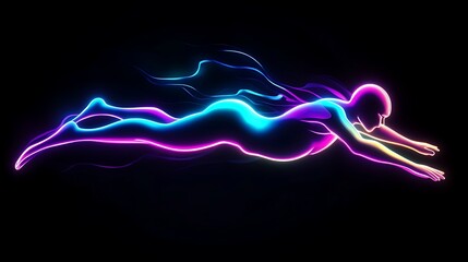 A dynamic silhouette of a swimmer in neon light, highlighting motion and energy