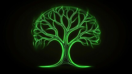 A vibrant neon-lit tree, a symbol of life, against a dark background. The tree's branches and trunk glow with an electric green hue