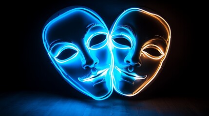 Neon masks glow in the dark, representing duality and performance. The masks are brightly lit with neon lights, conveying themes of theatre and art