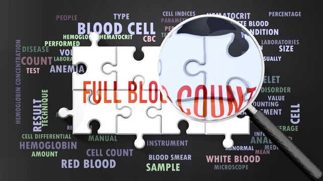Full Blood Count under magnifying glass, being researched, studied and examined. Most important subjects and ideas closely related to full blood count written around a puzzle.Can be looped.