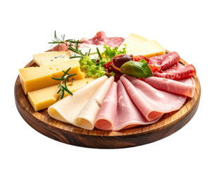 Wooden platter loaded with various cured meats and cheeses
