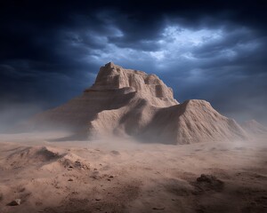 Foreboding Mountain Landscape Under Dark Stormy Skies With Ethereal Mist And Sandy Terrain