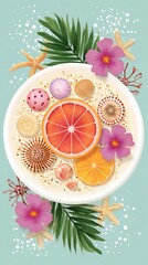 Fresh Summer Fruit Bowl With Tropical Flowers And Starfish On Light Blue Background