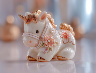 白い馬の高級な陶器の置き物。午年のお祝い