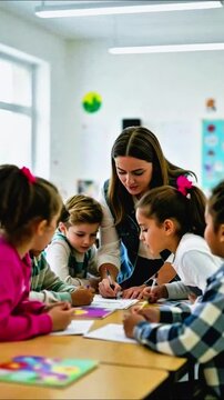 Woman teacher helping a group of children students with their learning at a table in a classroom