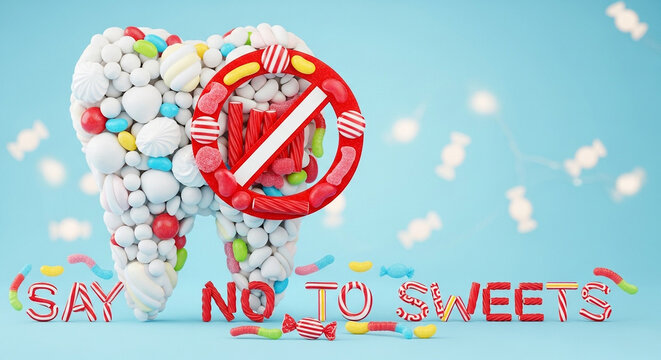 Large tooth shape constructed from colorful candies and marshmallows, with red no sweets sign, conveying message against sugar consumption for dental health