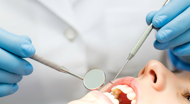 Dental examination tools are used during routine check up